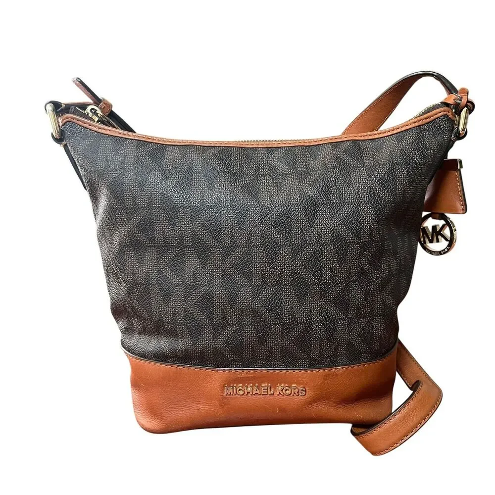 Michael Kors Crossbody Bag Womens Large Brown Monogram Junie Leather MK Charm'